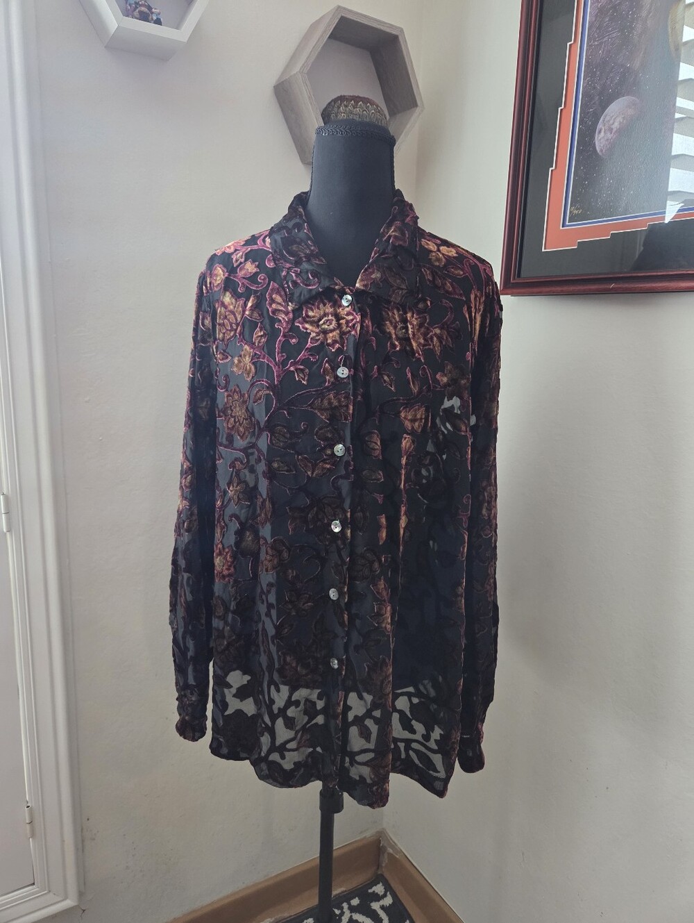 Velvet Burnout Floral Button-Up Blouse - Black & Burgundy Witchy Whimsigoth PL